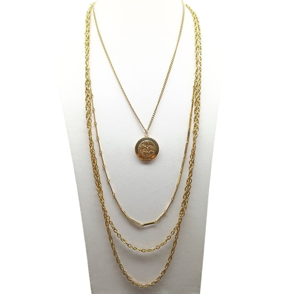 Vintage Multi Strand Locket Necklace with Gold Tone Chains and Floral Design